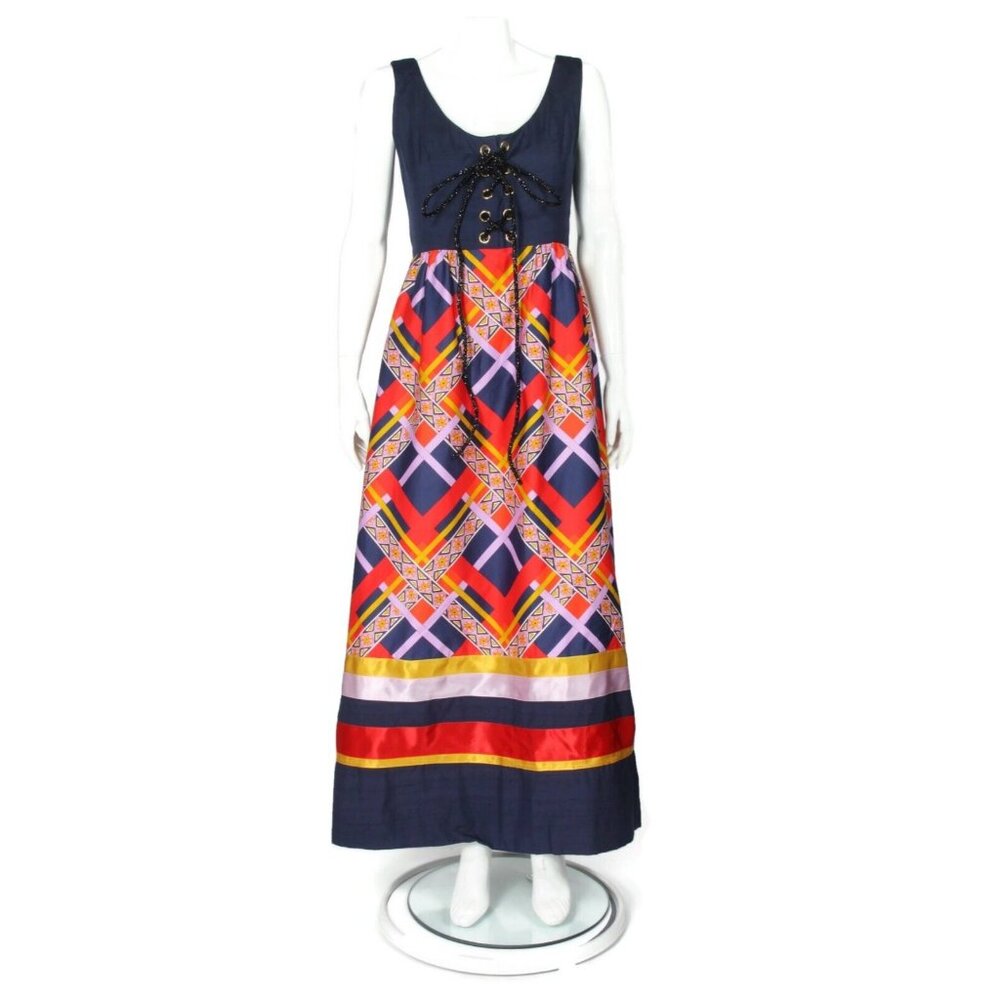 MALCOLM STARR Vtg 70s by Rizkallah Glitter Lace Up Front Maxi Dress sz 14 /047